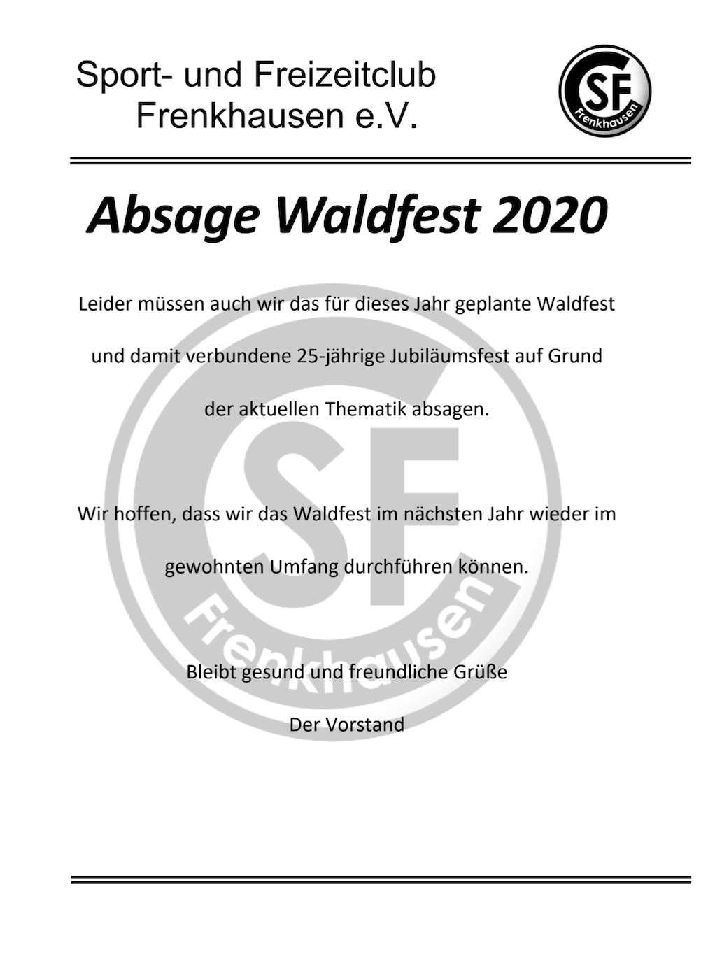 Absage Waldfest 2020